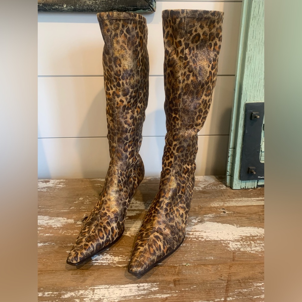 Donald J. Pliner Luna leopard print stretch/sock boots.
